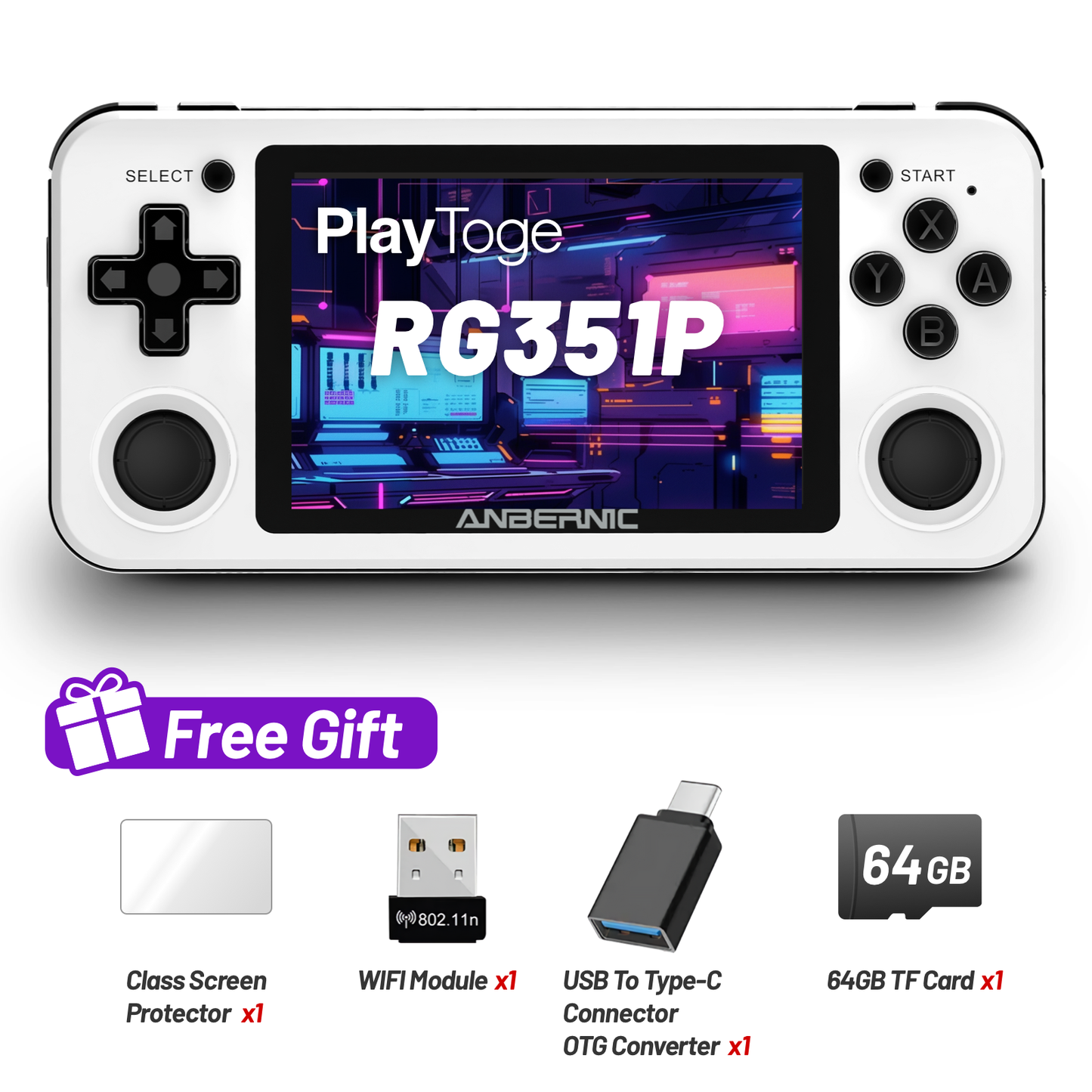 RG351P Handheld Game Console, Retro Game Console Open Linux System RK3326 Chip 64G TF Card 3.5 Inch IPS Screen 3500mAh Battery